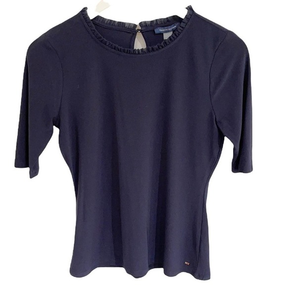 NWT Tommy Hilfiger Navy Ruffled Neckline Short Sleeve Top SZ XS - Picture 1 of 7